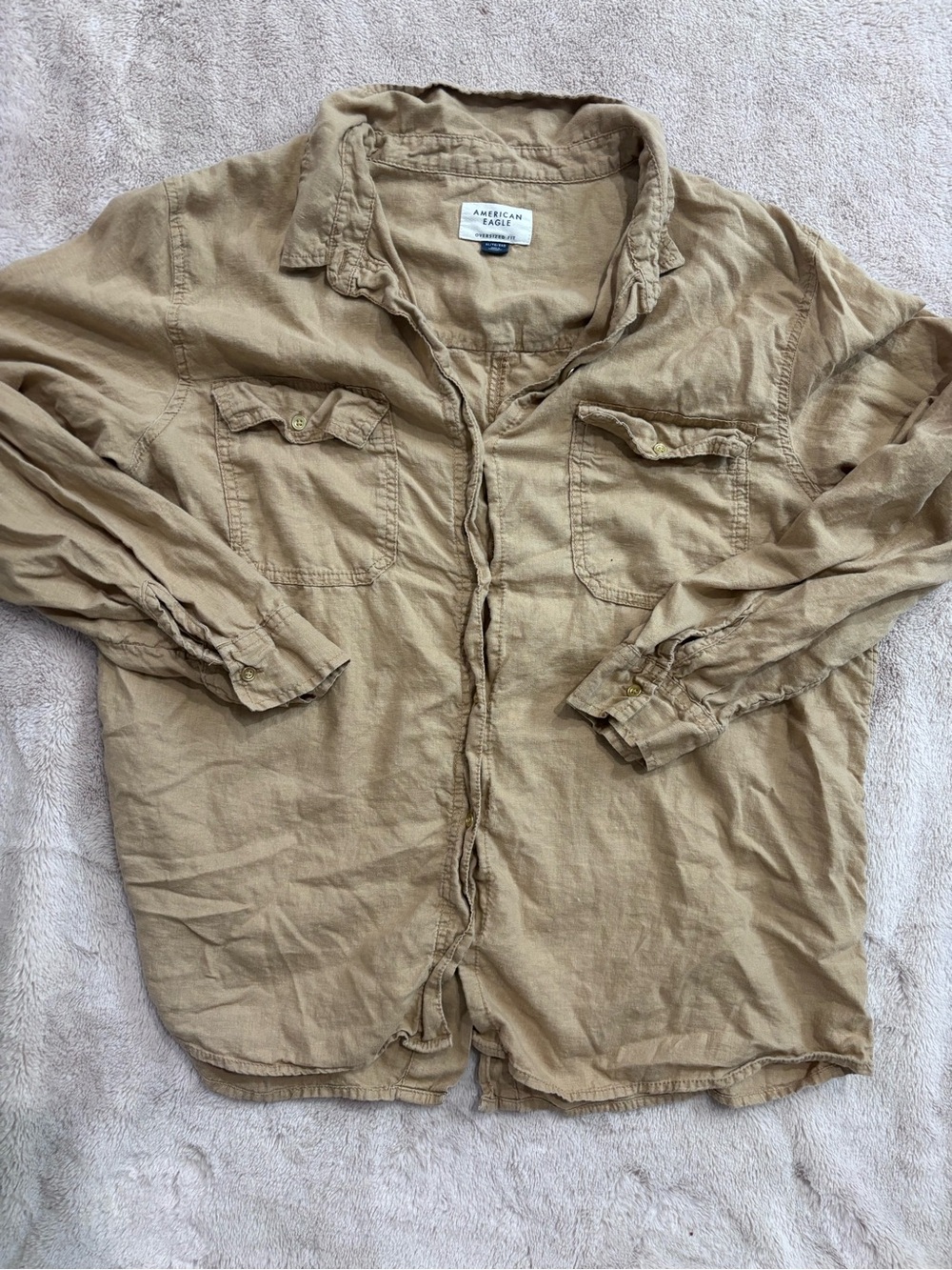 American Eagle Outfitters Oversized Button-Up Shirt in Tan
